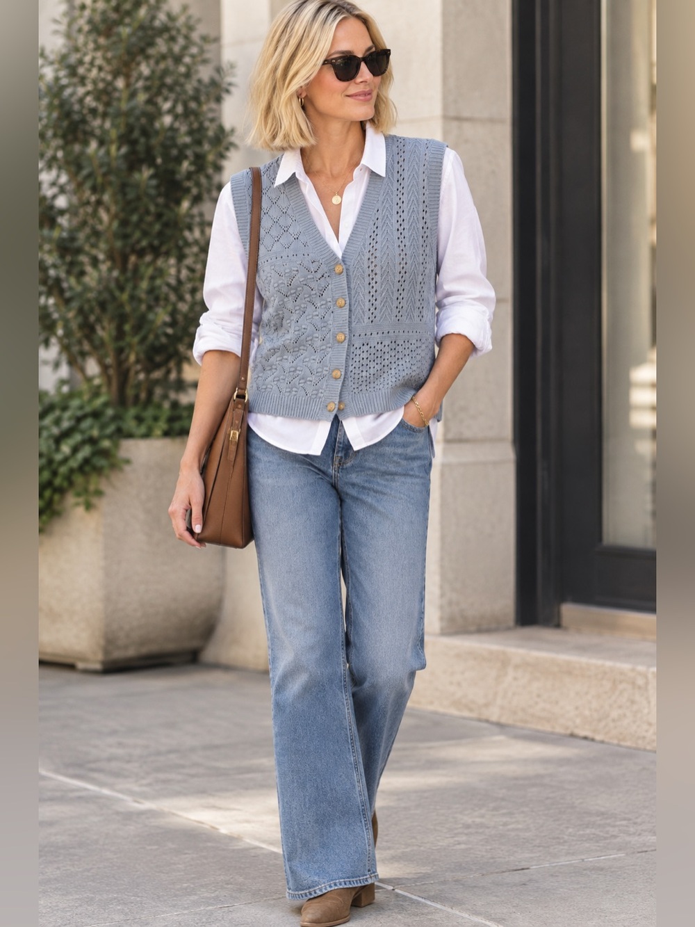 Heartloom Light Blue Pointelle Knit V-Neck Button Sweater Vest